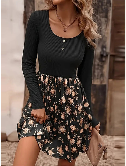 Wholesale Women's Party Dress Homecoming Dress Cocktail Dress Mini Dress Black Long Sleeve Floral Print Summer Spring Fall U Neck Party Wedding Guest Vacation