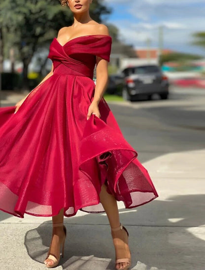 Wholesale A-Line Cocktail Dresses Vintage Dress Wedding Guest Christmas Red Green Dress Tea Length Sleeveless Off Shoulder Tulle with Pleats