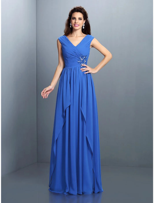 Wholesale A-Line Evening Gown Sparkle & Shine Dress Wedding Guest Wedding Party Floor Length Sleeveless V Neck Bridesmaid Dress Chiffon with Rhinestone Ruched Sequin