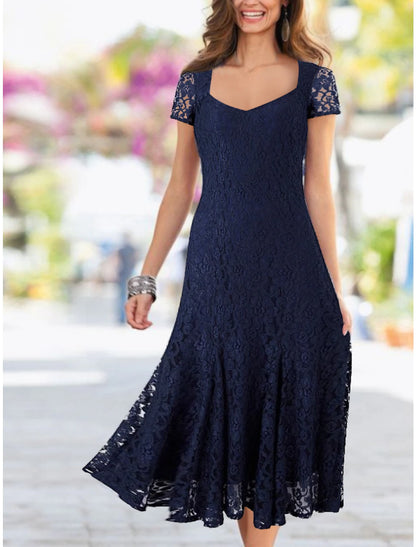 Wholesale Two Piece Mermaid / Trumpet Mother of the Bride Dress Formal Wedding Guest Elegant Square Neck Tea Length Chiffon Lace Short Sleeve Wrap Included with Pleats