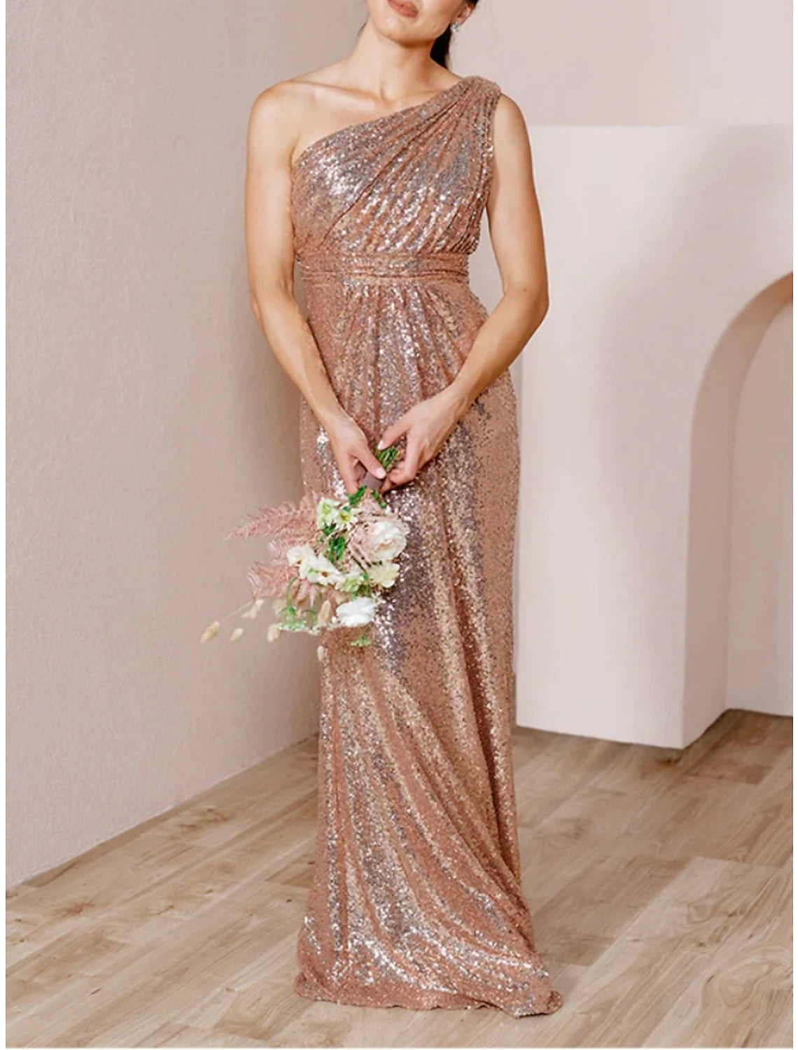 Wholesale A-Line Bridesmaid Dress One Shoulder Sleeveless Glitter & Sparkle Sweep / Brush Train Sequined with Ruching