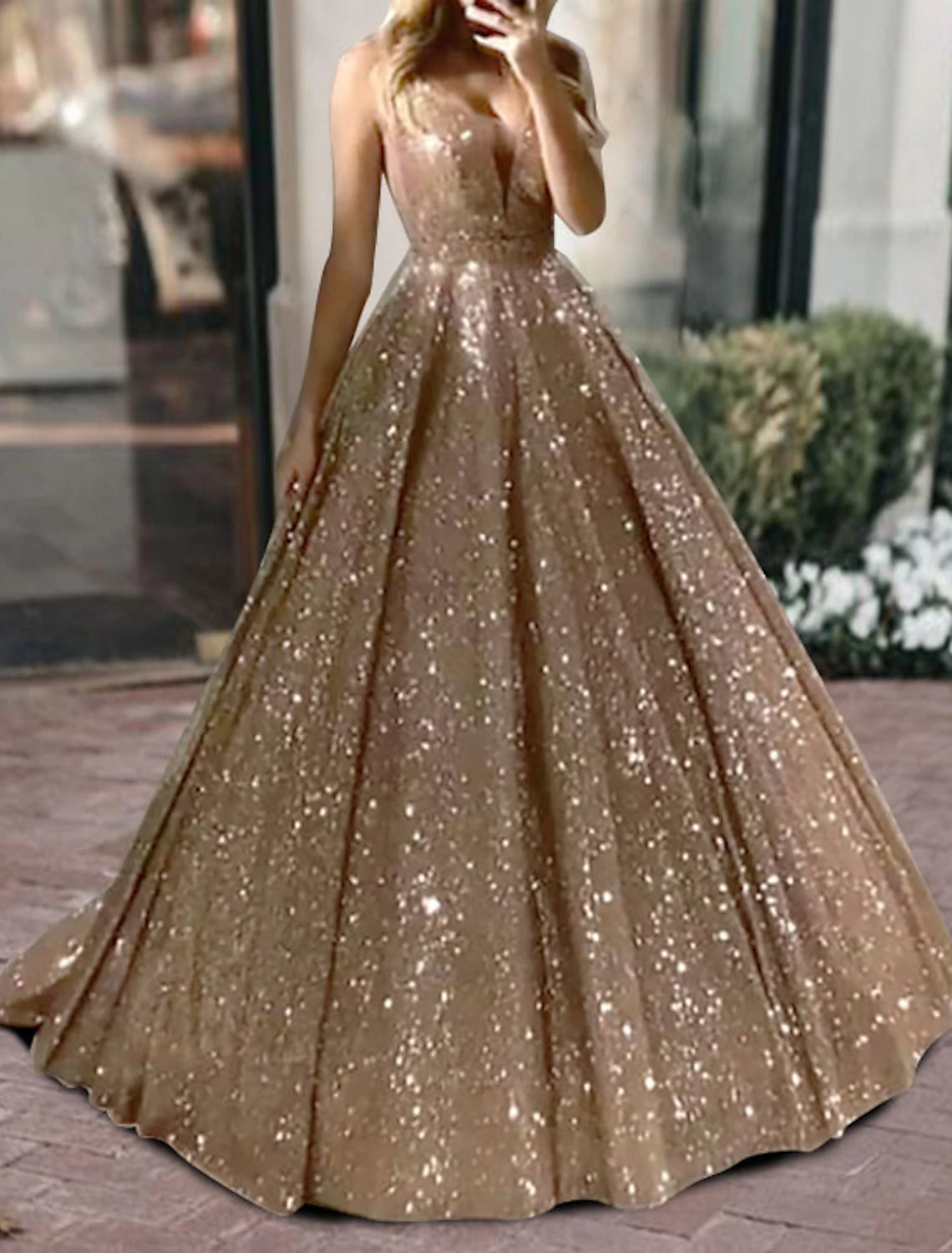 Wholesale Ball Gown Glitter Prom Dresses Luxurious Tulle Sparkly Dress For Wedding Party Quinceanera Sweep / Brush Train Sleeveless V Neck Tulle V Back with Sequin