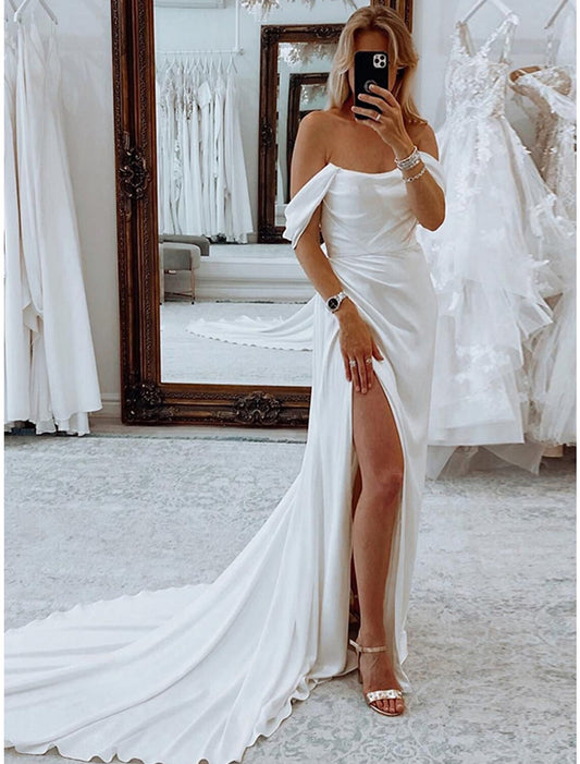 Wholesale Reception Formal Wedding Dresses Sheath / Column Off Shoulder Sleeveless Court Train Stretch Fabric Bridal Suits Bridal Gowns With Pleats Ruched