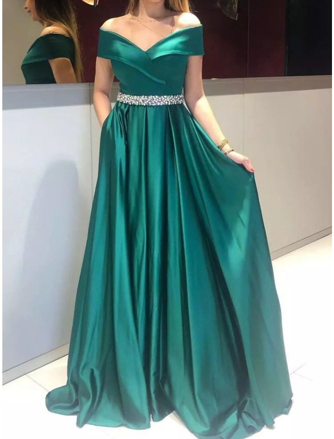 Wholesale A-Line Evening Gown Elegant Dress Formal Sweep / Brush Train Christmas Red Green Dress Sleeveless Off Shoulder Satin with Pleats Crystals