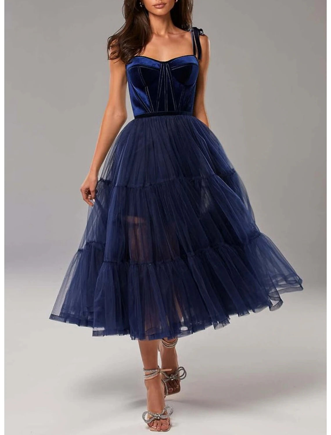 Wholesale A-Line Prom Dresses Elegant Dress Wedding Guest Prom Tea Length Sleeveless Strapless Tulle with Pleats Pure Color