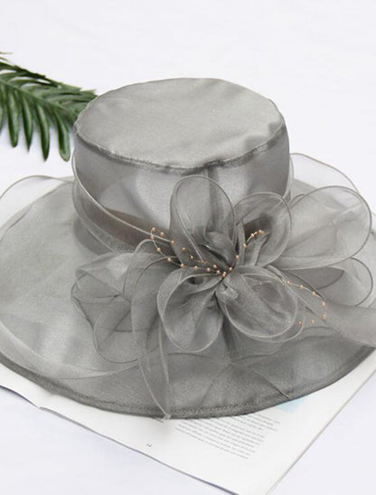 Wholesale Straw Hat Vintage Style Elegant Tulle Organza Hats Headwear with Faux Pearl Flower Ruffle 1 PC Wedding Tea Party Horse Race Headpiece