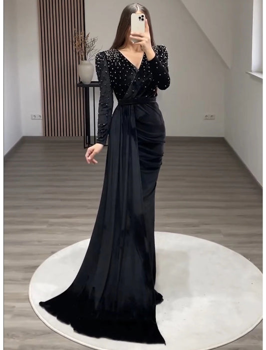 Wholesale Mermaid / Trumpet Evening Gown Maxi Dress Formal Black Tie Gala Floor Length Long Sleeve V Neck Fall Wedding Guest Velvet with Ruched