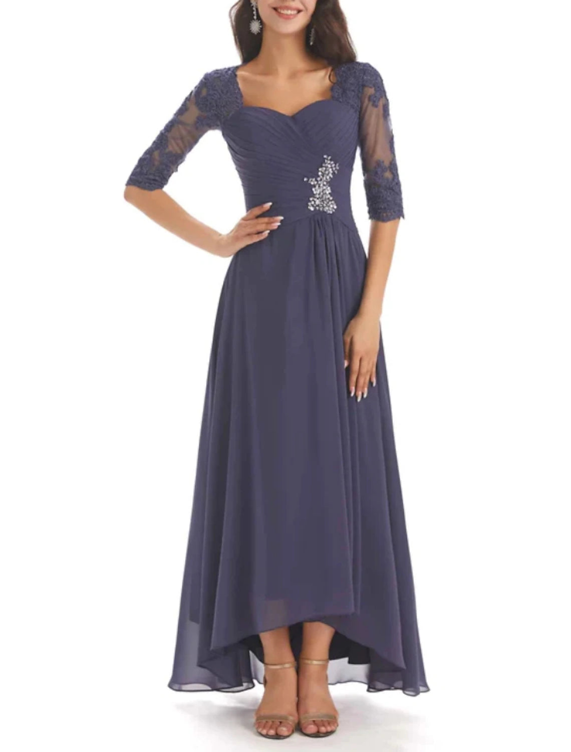 Wholesale Two Piece A-Line Mother of the Bride Dress Wedding Guest Elegant Sweetheart Asymmetrical Ankle Length Chiffon Long Sleeve with Crystal Brooch Ruching Solid Color