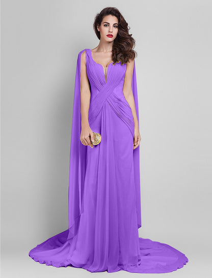 Wholesale Sheath / Column Elegant Dress Wedding Guest Prom Court Train Sleeveless Plunging Neck Georgette V Back