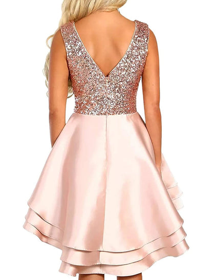 Wholesale A-Line WE Party Dress Homecoming Cocktail Party Asymmetrical Sleeveless V Neck Pink Dress Satin with Sequin Tiered