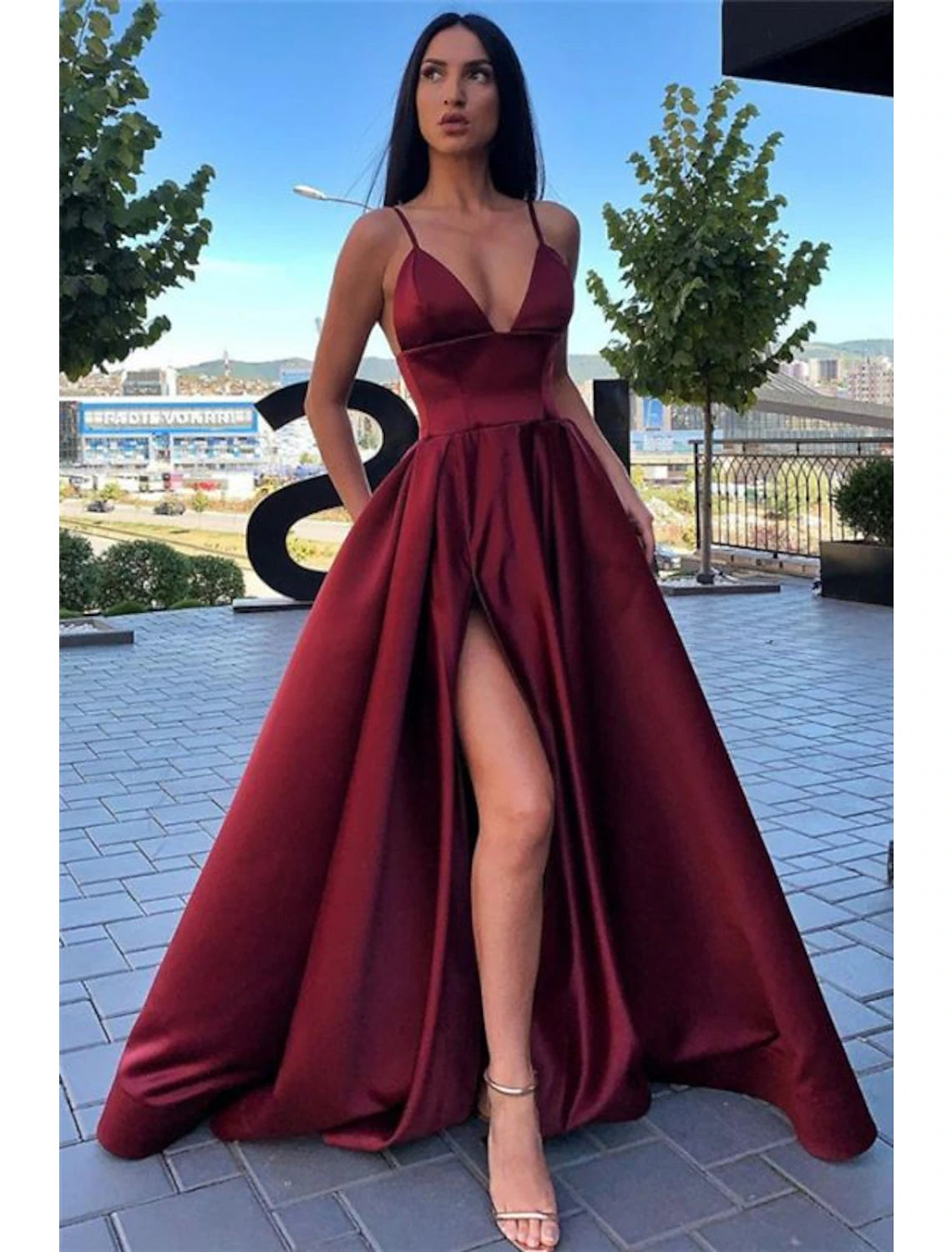 Wholesale A-Line Black Prom Dress High Split Evening Dress Formal Birthday Summer Dress Spaghetti Strap Sleeveless Sweep / Brush Train Satin with Pleats