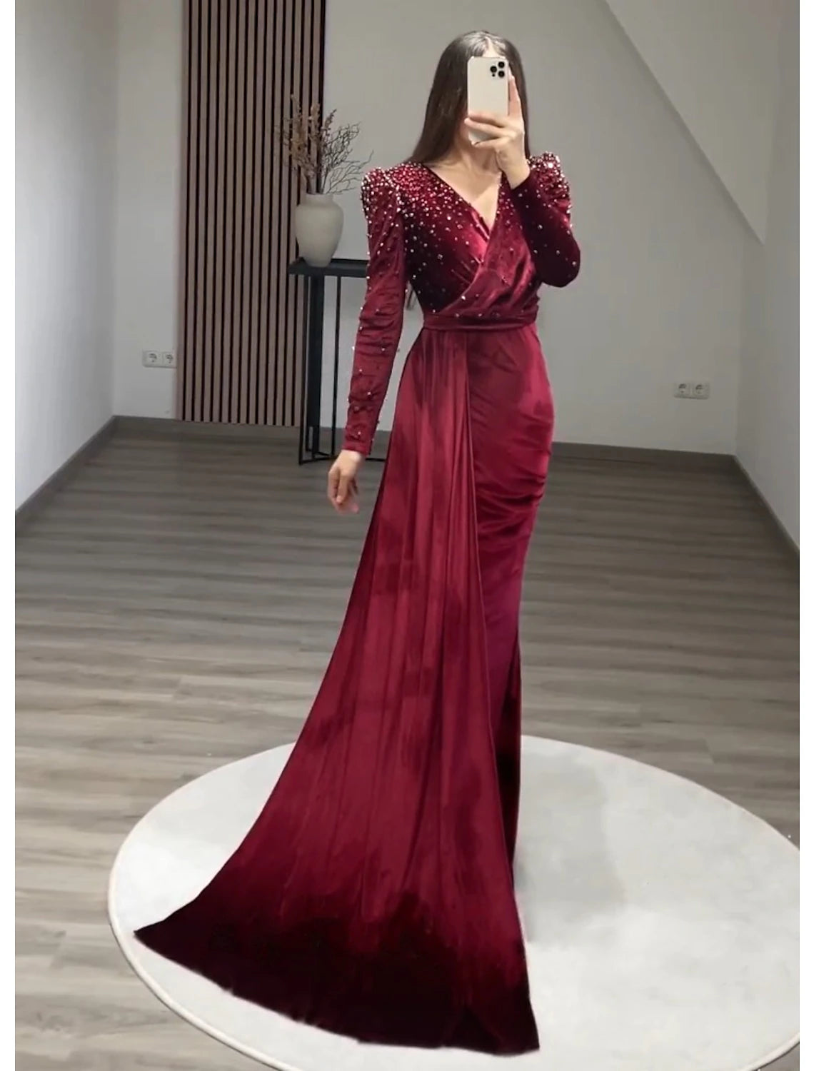 Wholesale Mermaid / Trumpet Evening Gown Maxi Dress Formal Black Tie Gala Floor Length Long Sleeve V Neck Fall Wedding Guest Velvet with Ruched