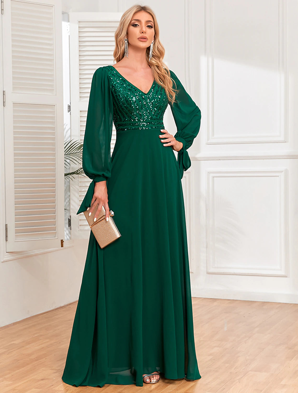 Wholesale A-Line Evening Gown Empire Dress Evening Party Wedding Reception Floor Length Long Sleeve V Neck Fall Wedding Guest Chiffon V Back with Sequin