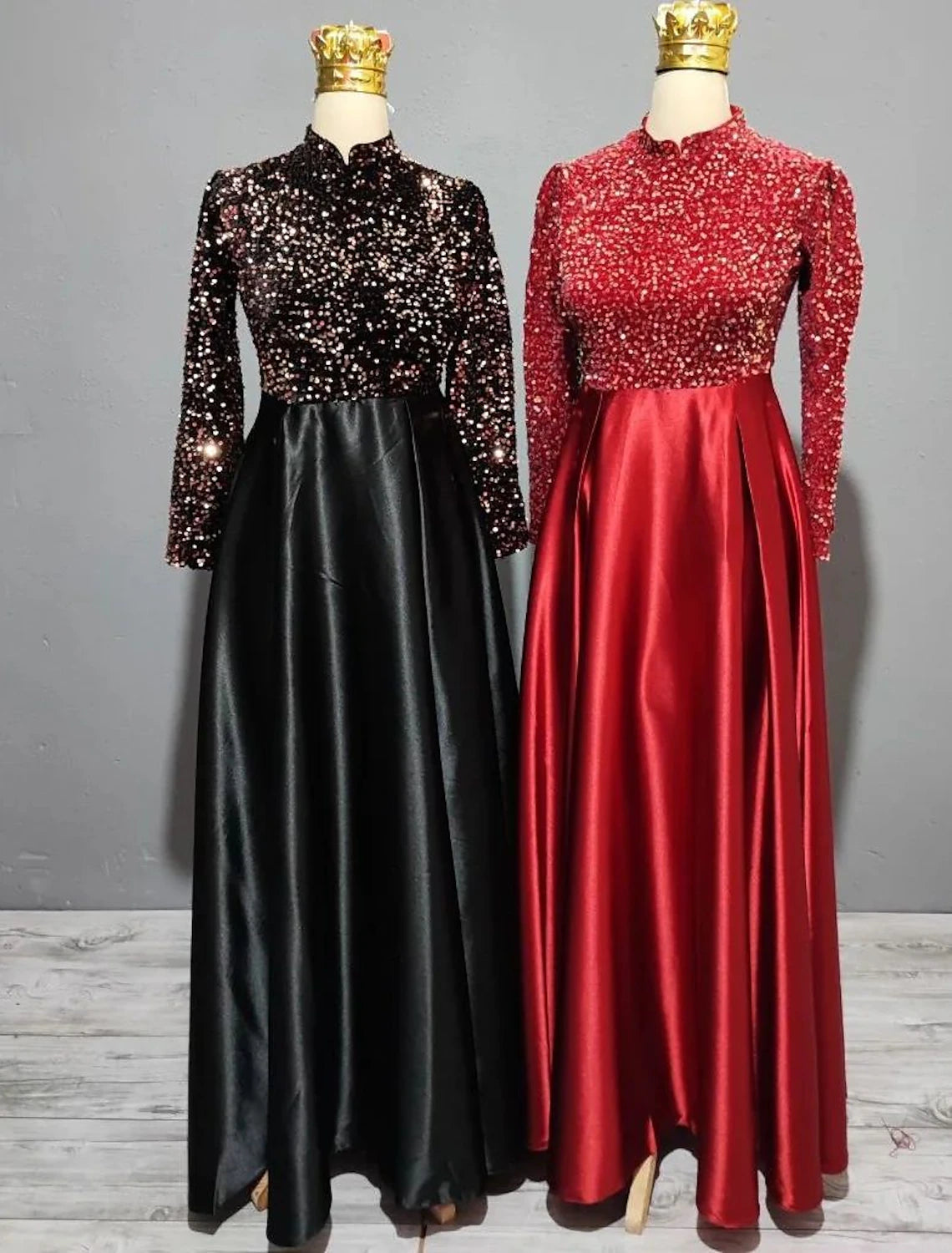 Wholesale A-Line Evening Gown Sparkle Christmas Red Green Dress Wedding Guest Fall Floor Length Long Sleeve High Neck Satin with Sequin