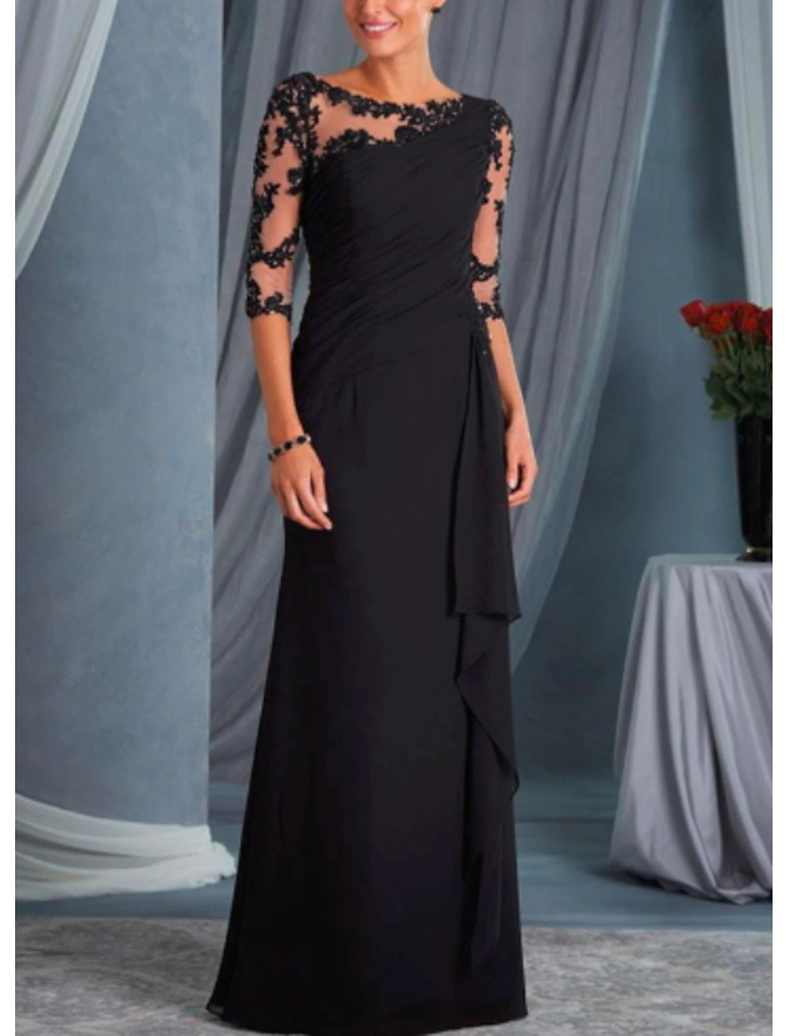 Wholesale A-Line Mother of the Bride Dress Wedding Guest Long Dresses Elegant Formal Plus Size Half Sleeve Scoop Neck Chiffon Lace Floor Length with Draping Appliques