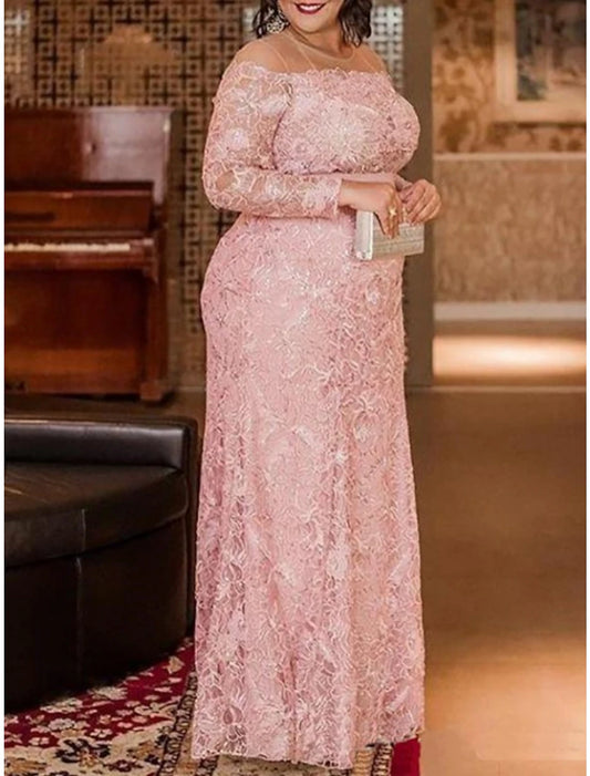 Wholesale Mother of the Bride Dresses Plus Size Curve Hide Belly Wedding Guest Party Elegant Illusion Neck Floor Length Lace Long Sleeve with Solid Color