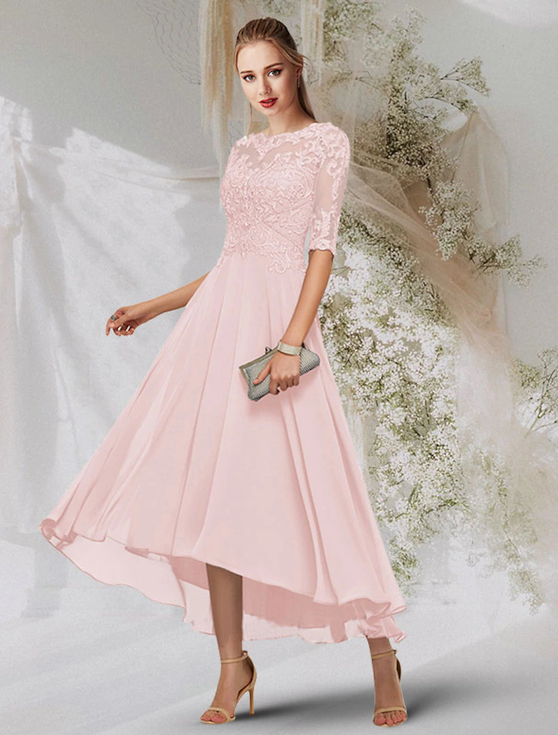 Wholesale A-Line Evening Gown Empire Dress Wedding Guest Asymmetrical Long Sleeve Jewel Neck Chiffon with Beading Lace