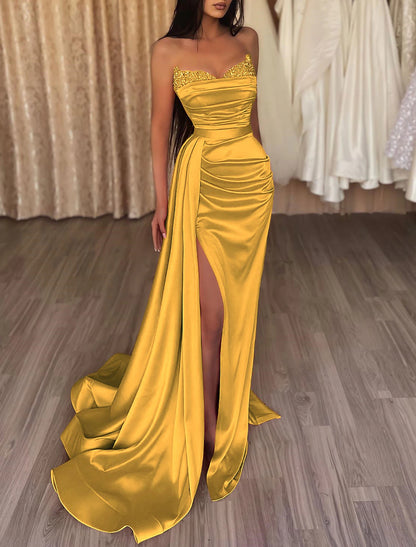 Wholesale Mermaid / Trumpet Evening Gown Sexy Dress Cocktail Party Court Train Sleeveless Strapless Bridesmaid Dress Satin with Beading Sequin