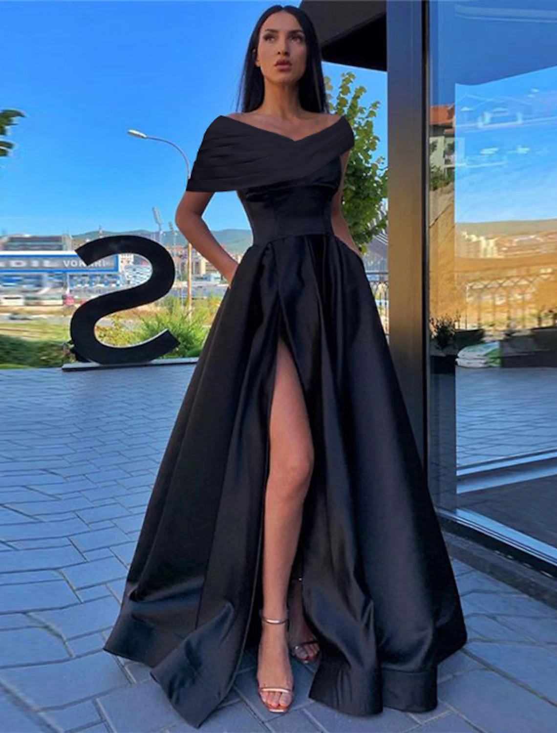 Wholesale A-Line Prom Dresses Little Black Dress Dress Formal Wedding Party Floor Length Short Sleeve Off Shoulder Satin with Ruched