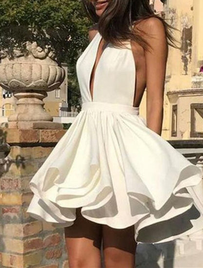 Wholesale A-Line Homecoming Dresses Tiered Plisse Dress Holiday Graduation Short / Mini Sleeveless Halter Neck Stretch Satin with Ruffles