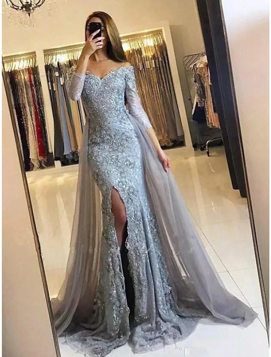 Wholesale Mermaid / Trumpet Evening Gown Floral Dress Formal Wedding Sweep / Brush Train Long Sleeve Off Shoulder Fall Wedding Reception Chiffon with Slit Appliques