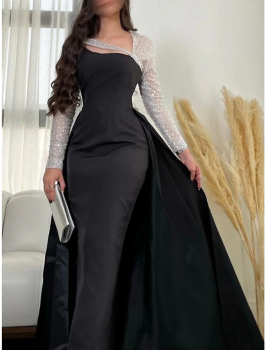 Wholesale Sheath / Column Evening Gown Elegant Dress Formal Floor Length Black Dress Long Sleeve Scoop Neck Satin with Pleats Sequin