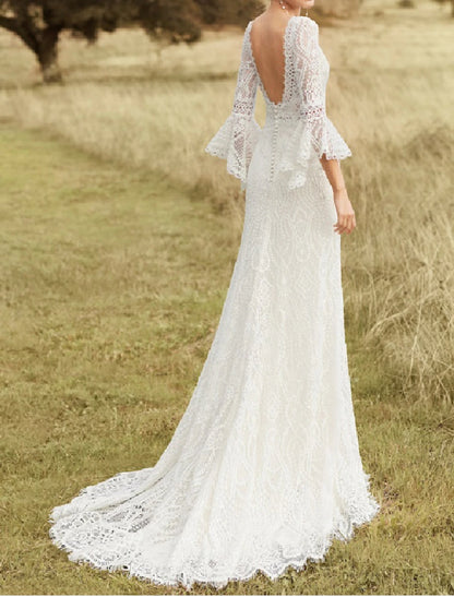 Wholesale  Beach Boho Wedding Dresses A-Line Scoop Neck Long Sleeve Sweep / Brush Train Lace Bridal Gowns With Lace Solid