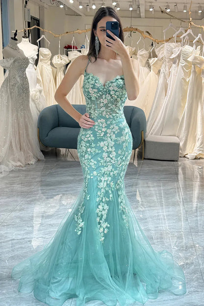 Wholesale Light Green Mermaid Lace Up Long Corset Prom Dress With Appliques prom dresses shops