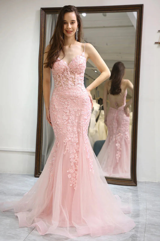 Wholesale Pink Mermaid Lace Up Long Corset Prom Dress With Appliques prom dresses shops