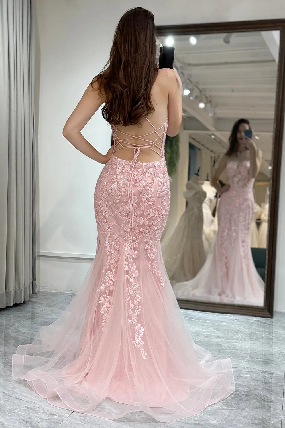 Wholesale Pink Mermaid Lace Up Long Corset Prom Dress With Appliques prom dresses shops