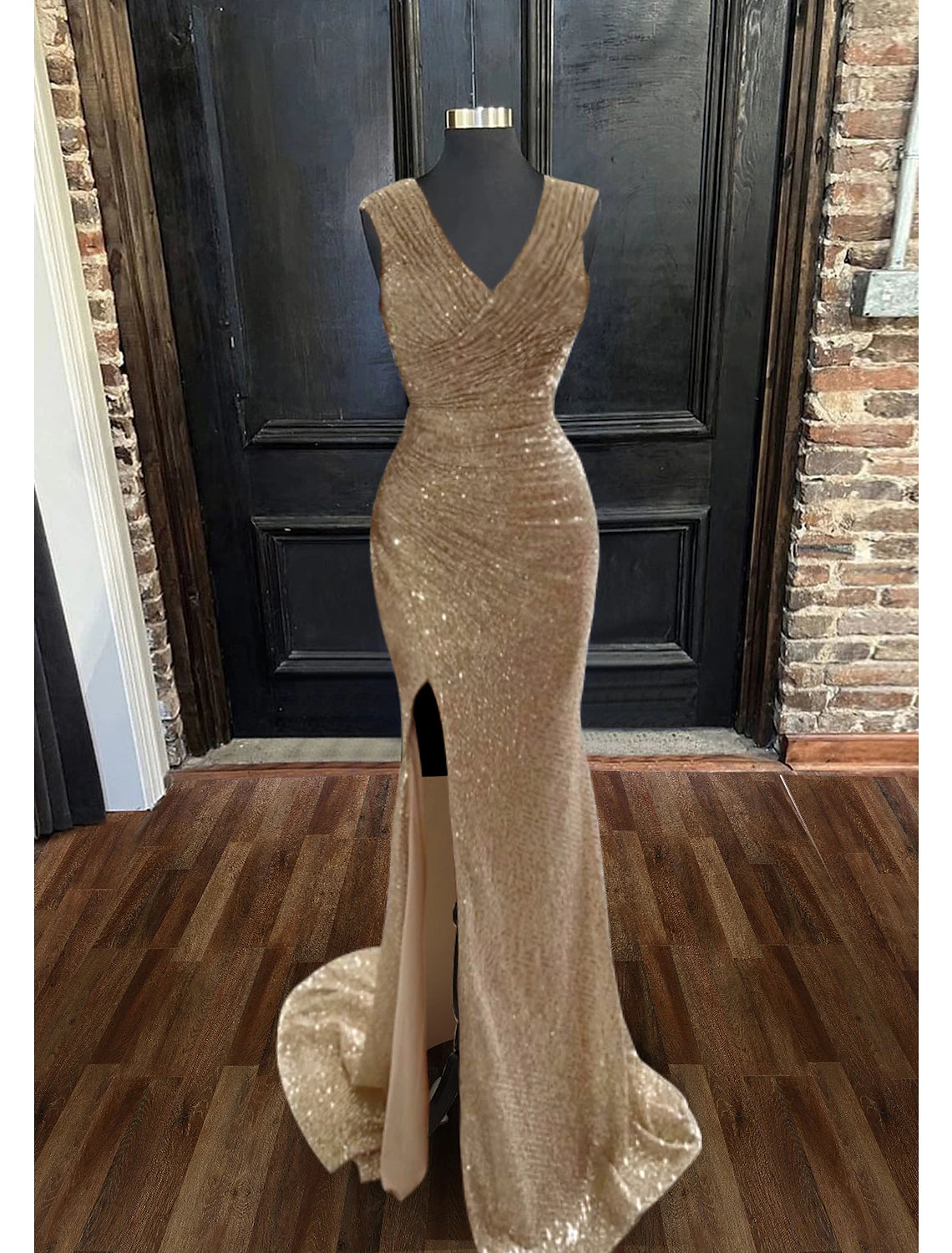 Wholesale Sheath / Column Prom Dresses Sparkle & Shine Dress Cocktail Party Sweep / Brush Train Sleeveless V Neck Sequined with Glitter Ruched