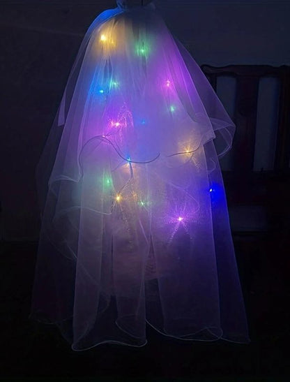 Wholesale LED Luminous Head Veil Long 23.62inch Luminous Yarn Fairy Children's Ribbon Bow Veil With Light String Party Wedding Bride