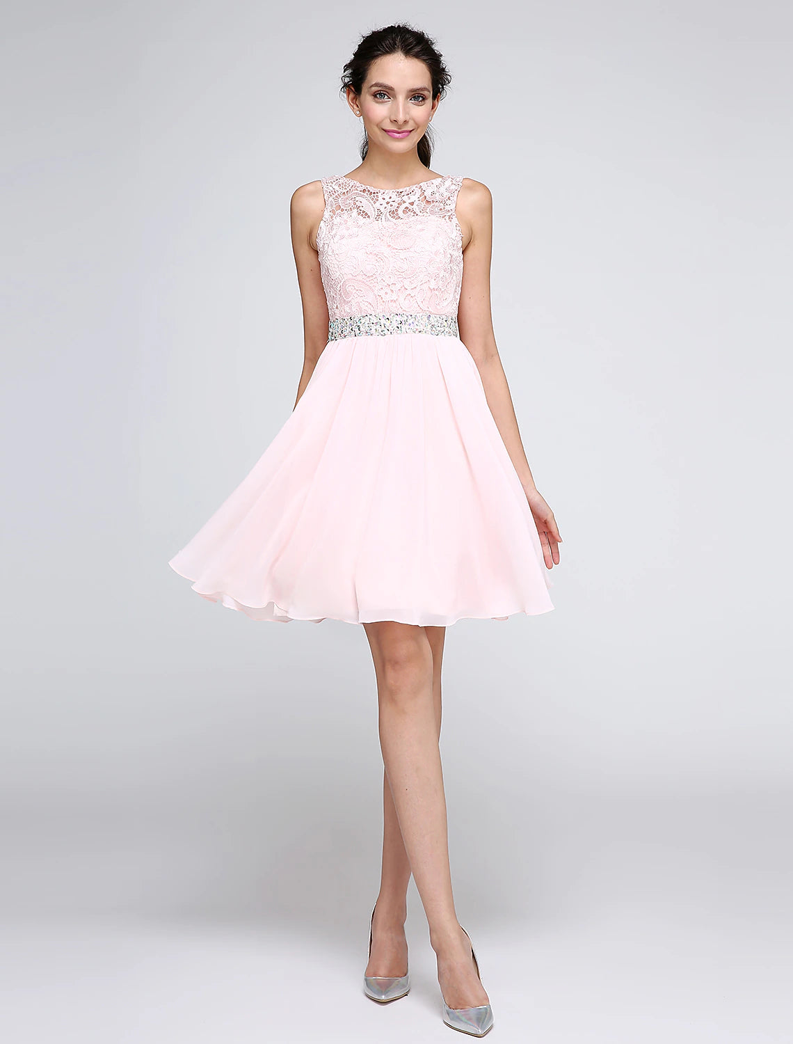 Wholesale A-Line Special Occasion Dresses Party Dress Homecoming Short / Mini Sleeveless Illusion Neck Pink Dress Chiffon V Back Low Back with Crystals