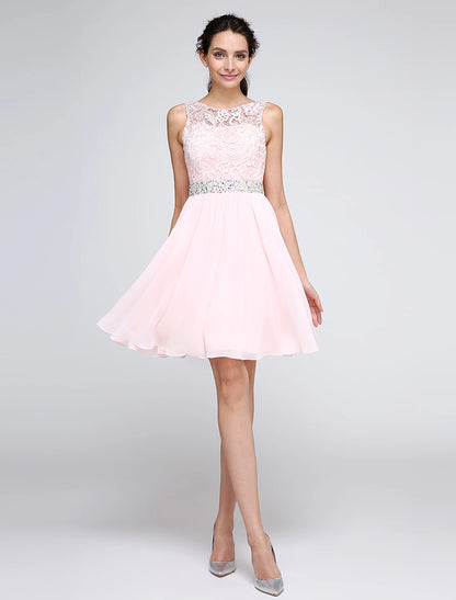 Wholesale A-Line Special Occasion Dresses Party Dress Homecoming Graduation Short / Mini Sleeveless Illusion Neck Pink Dress Chiffon V Back Low Back with Crystals