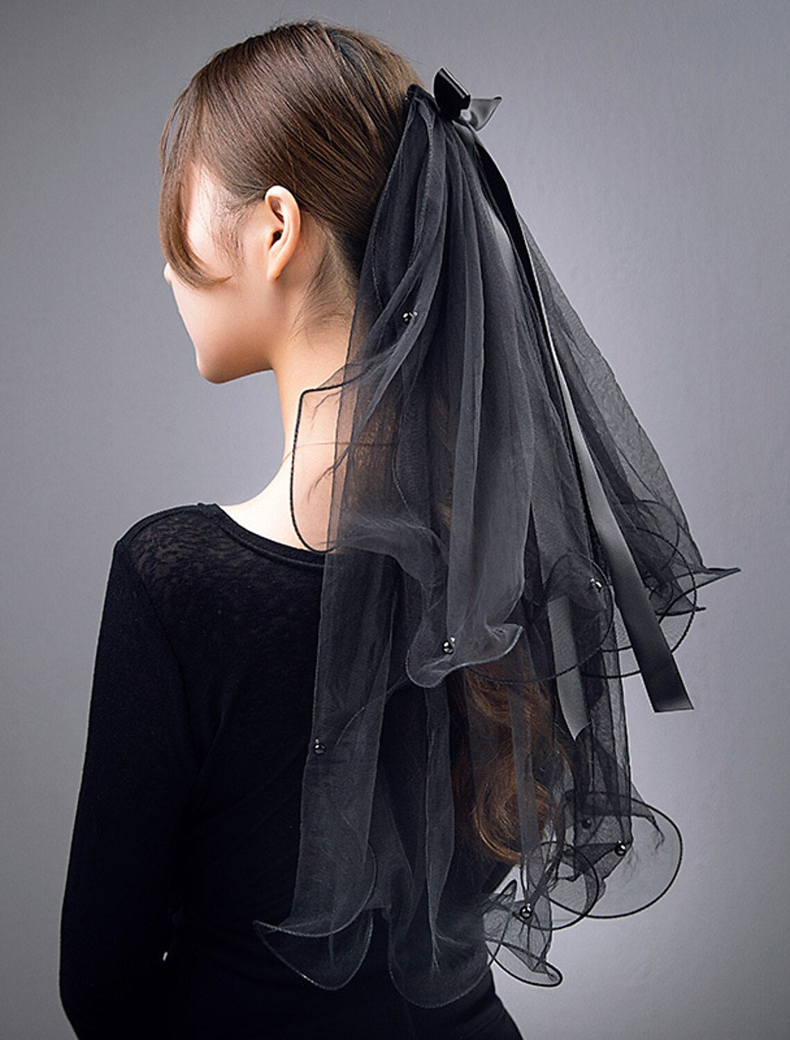 Wholesale Two-tier Personalized / Pearls Wedding Veil Elbow Veils with Faux Pearl / Satin Bow Tulle