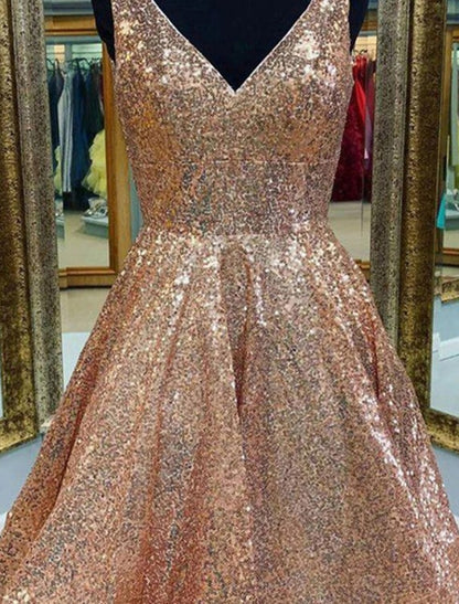 Wholesale A-Line Homecoming Dresses Sparkle & Shine Dress Graduation Party Wear Tea Length Sleeveless V Neck Pink Dress Sequined with Sequin