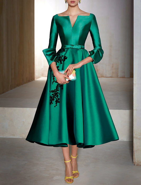 Wholesale A-Line Cocktail Dresses Christmas Red Green Dress Wedding Guest Tea Length 3/4 Length Sleeve V Neck Satin with Bow(s) Appliques