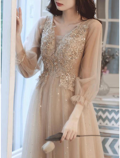 Wholesale A-Line Bridesmaid Dress V Neck Long Sleeve Elegant Tea Length Lace / Tulle with Beading / Appliques