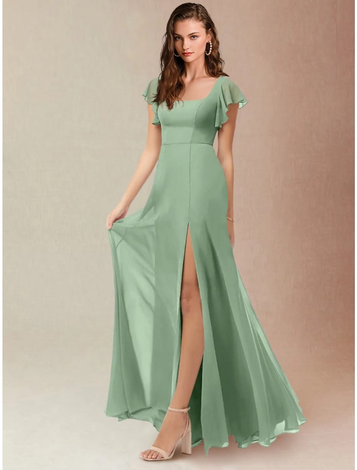 Wholesale A-Line Bridesmaid Dress Square Neck Short Sleeve Elegant Floor Length Chiffon with Split Front / Ruching