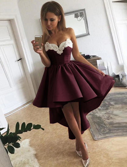 Wholesale A-Line Cocktail Dresses Minimalist Dress Homecoming Graduation Asymmetrical Sleeveless Strapless Satin with Appliques