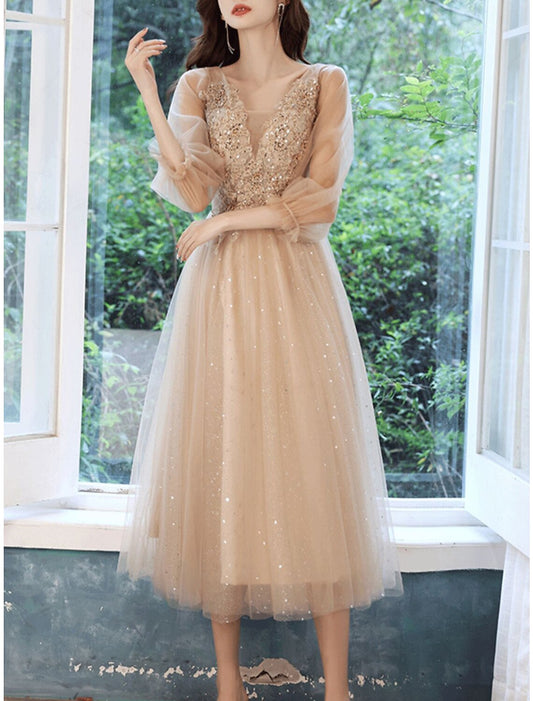 Wholesale A-Line Bridesmaid Dress V Neck Long Sleeve Elegant Tea Length Lace / Tulle with Beading / Appliques