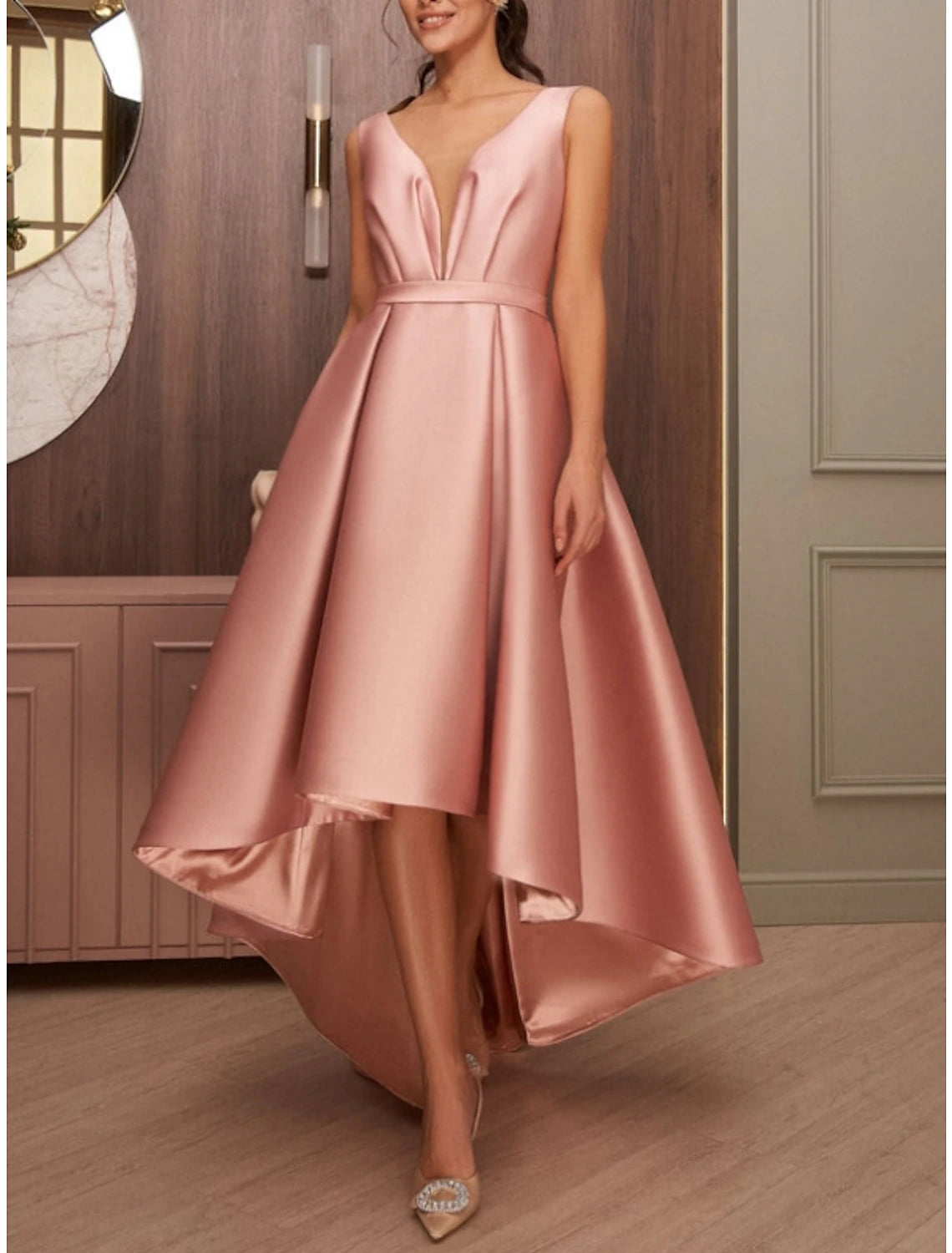 Wholesale A-Line Cocktail Dresses Elegant Dress Wedding Wedding Guest Asymmetrical Sleeveless V Neck Satin with Bow(s) Pleats