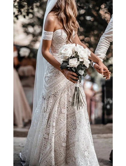 Wholesale Beach Sexy Boho Wedding Dresses Mermaid / Trumpet Sweetheart Short Sleeve Court Train Lace Bridal Gowns With Lace