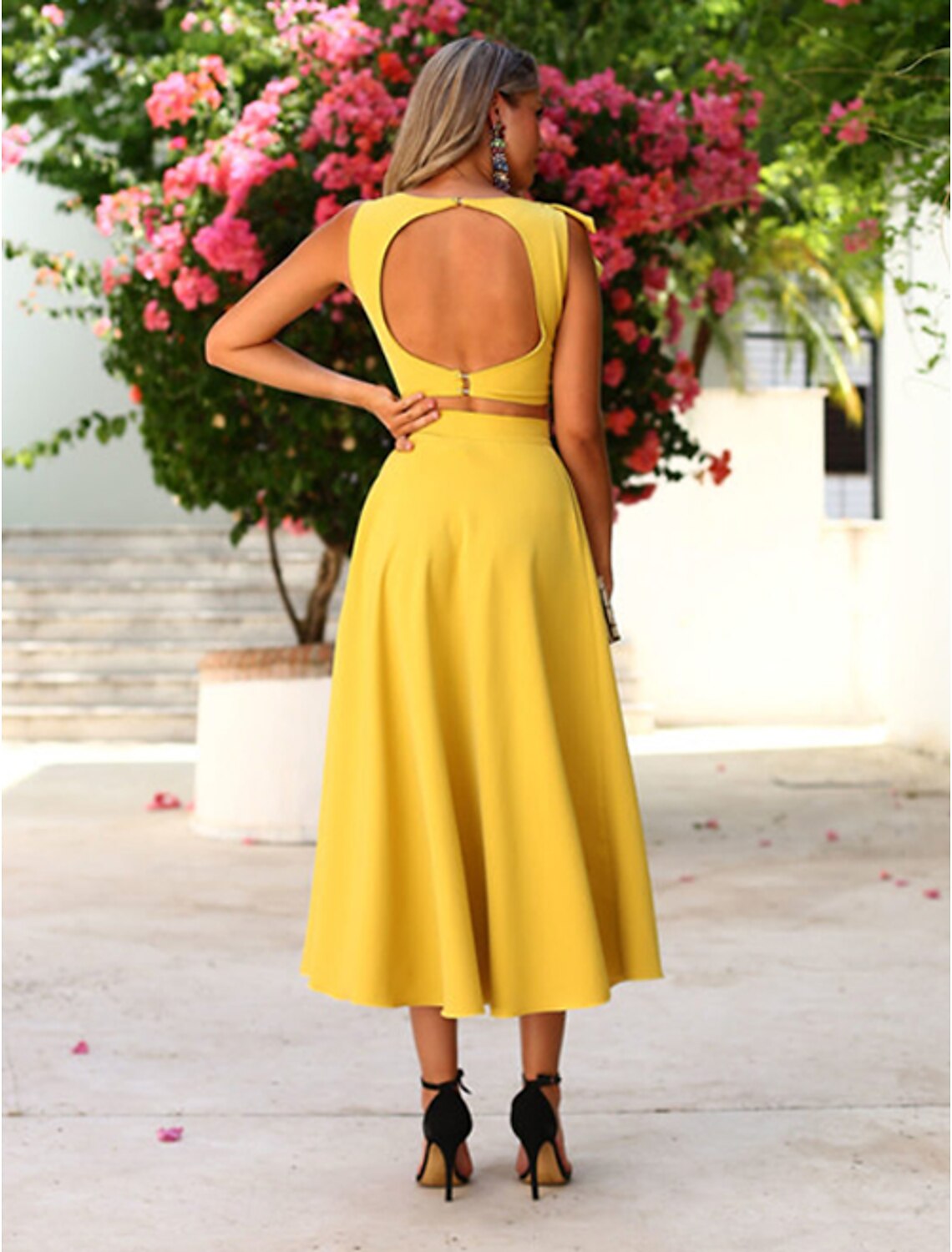 Wholesale Two Piece Cocktail Dresses Elegant Dress Graduation Engagement Ankle Length Sleeveless Jewel Neck Fall Wedding Guest Satin with Ruffles Pure Color