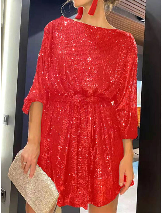 Wholesale Women's Gold Sequin Dress Party Dress New Year's Eve Dress Sparkly Dress Black Dress Homecoming Cocktail Dress Mini Dress Silver White Long Sleeve Sparkly Glitter Lace up Winter Dress