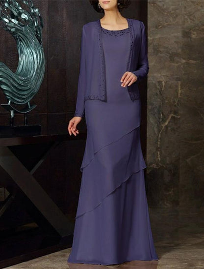 Wholesale Sheath / Column Mother of the Bride Dress Elegant & Luxurious Jewel Neck Floor Length Chiffon Long Sleeve with Beading Tier