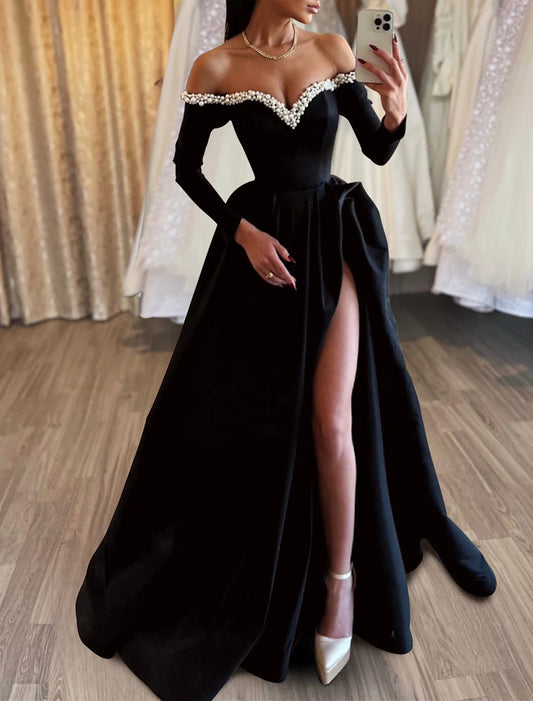 Wholesale A-Line Evening Gown Black Dress Dress Formal Masquerade Sweep / Brush Train Long Sleeve Off Shoulder Satin with Pearls Slit