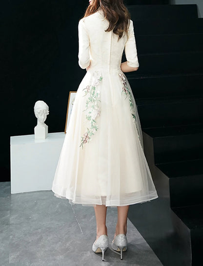 Wholesale A-Line Cocktail Dresses Elegant Dress Wedding Guest Party Wear Tea Length Half Sleeve Stand Collar Tulle with Appliques