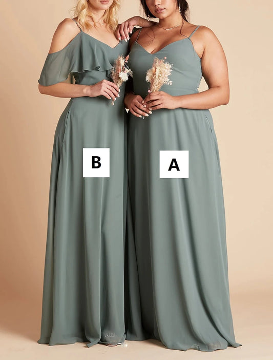 Wholesale A-Line Bridesmaid Dress Spaghetti Strap Sleeveless Sexy Floor Length Chiffon with Solid Color