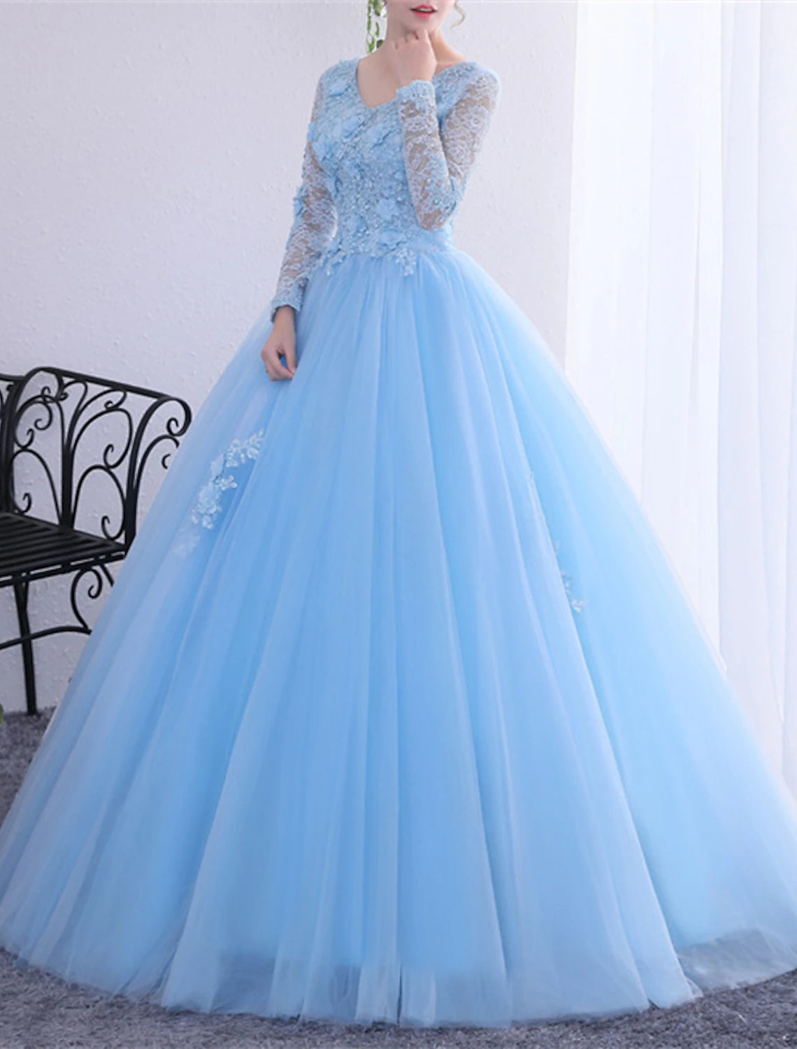 Wholesale Ball Gown Quinceanera Dresses Princess Dress Performance Quinceanera Floor Length Long Sleeve V Neck Polyester with Crystals Appliques